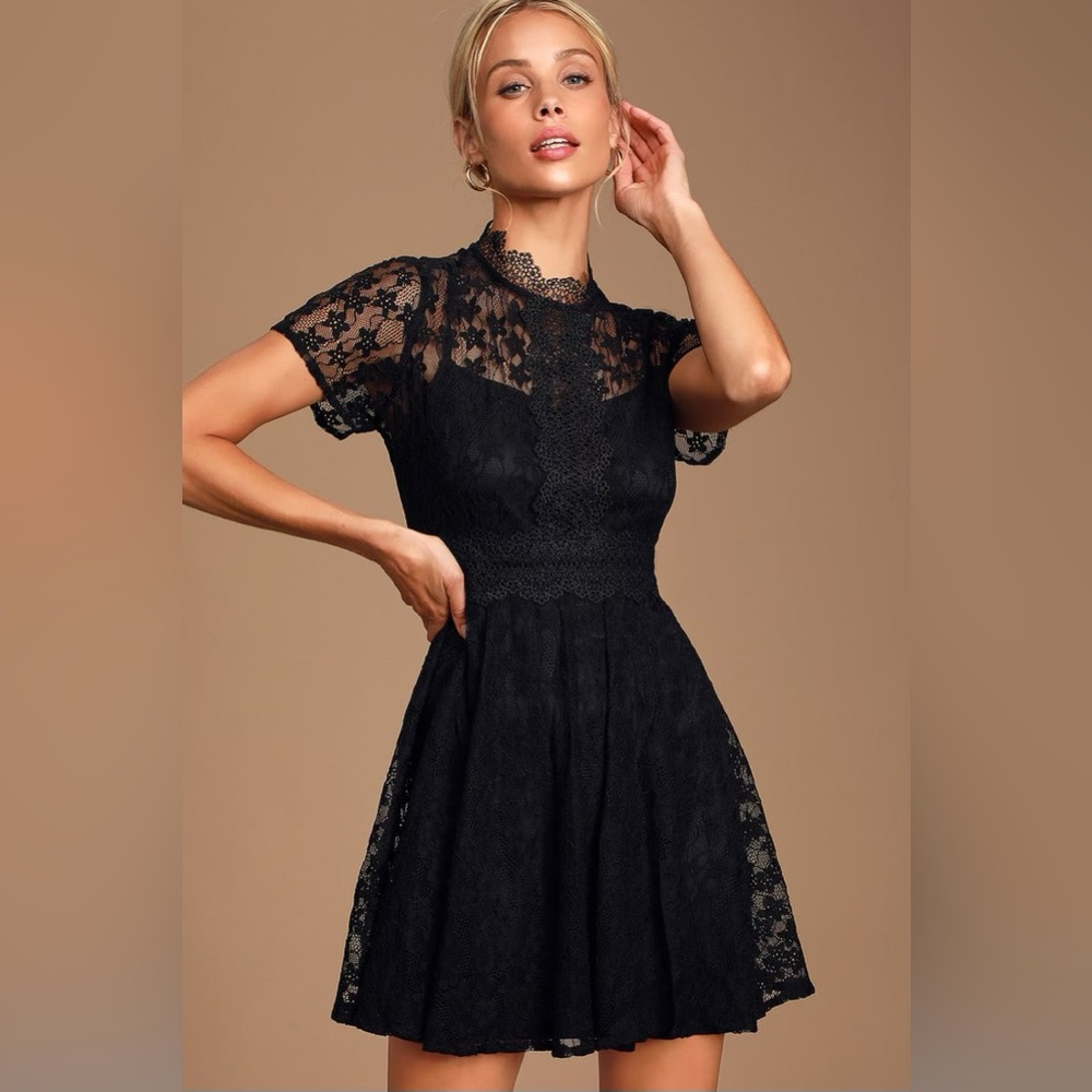 Lulus Clique Black Lace Short Sleeve Mock Neck Skater Dress, Size S